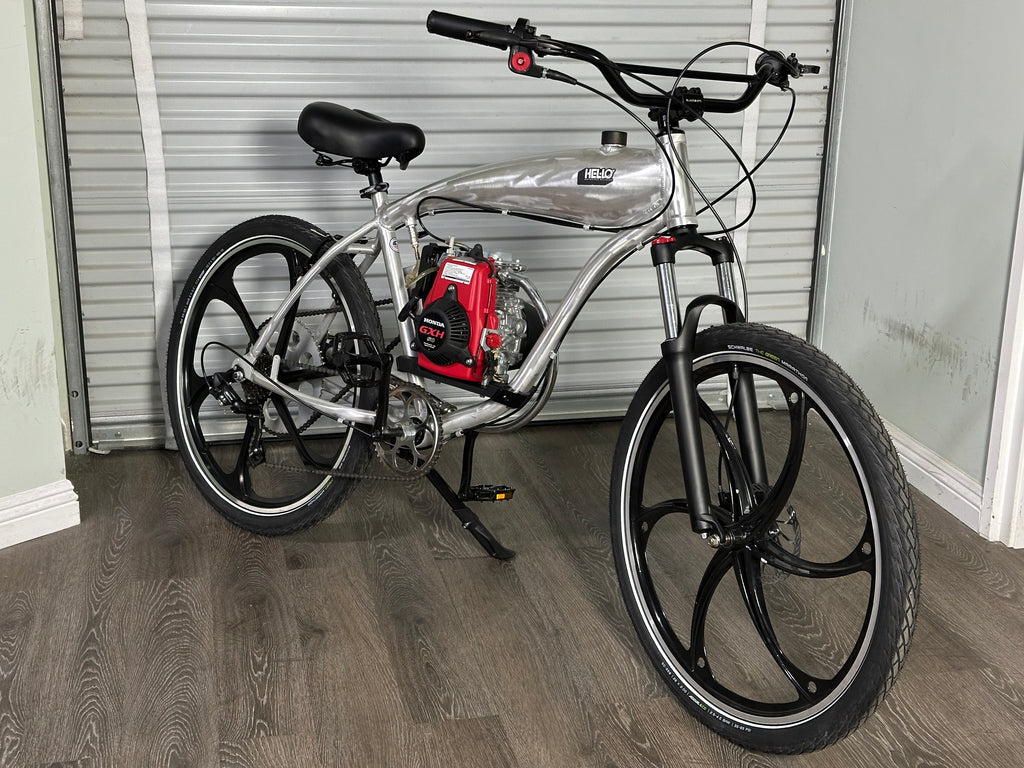 Available Now! Silver Supernatural v2 49cc EZM with Honda GXH50 Motorized Bike