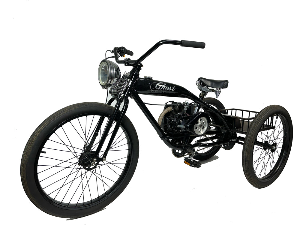 3 wheel bicycle with engine Custom Phantom Ghost Trike One of a Kind Gas Tricycle – Helio Motorized Bikes